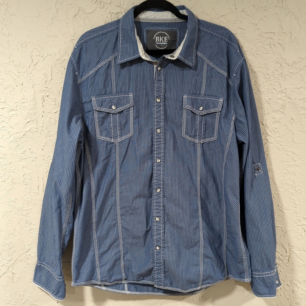 BKE Blue And White Pinstripe Casual Shirt Longsleeve Snaps - Men's Size XL